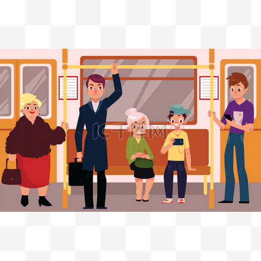 人们在地铁火车车厢，坐、 站立和抱着扶手图片