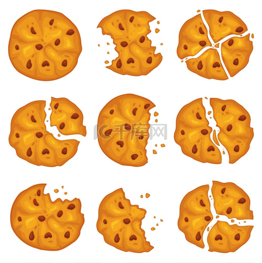 卡通碎饼干松脆的经典饼干配巧克力片脆甜可口的零食酥饼面包片自制美味的饼干最近在白色背景上分离的矢量卡通碎饼干松脆的经典饼干图片