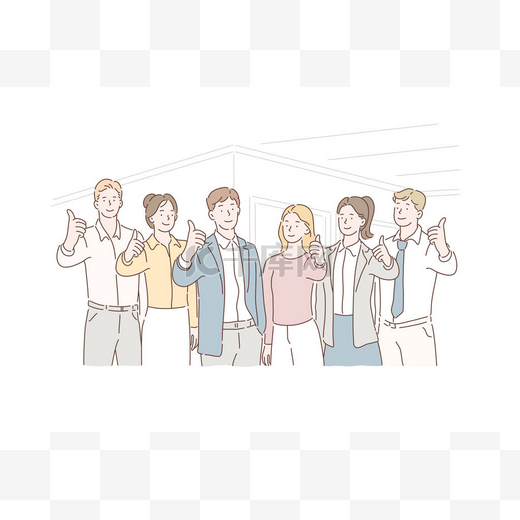 经营理念 成功团队合作，合作伙伴集团。带着领导竖起大拇指看着摄像机的办事员。精干的团队提供最好的服务、工作、人力资源.图片