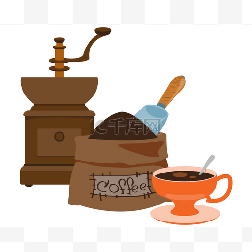 老式的手动咖啡研磨机、 咖啡袋和杯彩色插图.图片