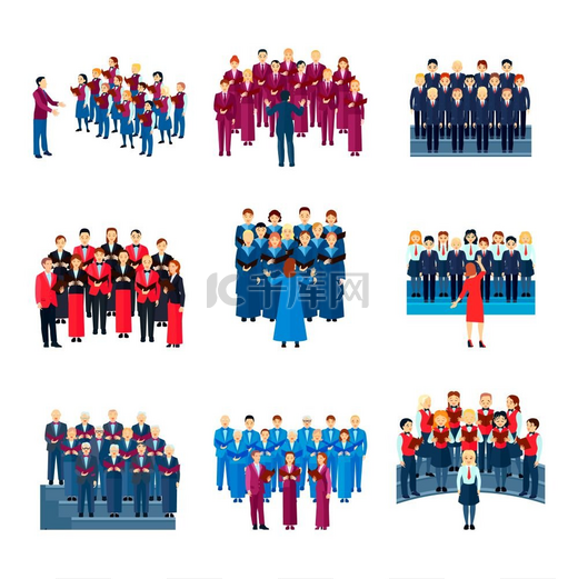 合唱团歌唱合奏团平面图标集合唱团平面图标由指挥家带领的9个唱歌的人组成的音乐合奏团的集合彩色孤立矢量插图图片