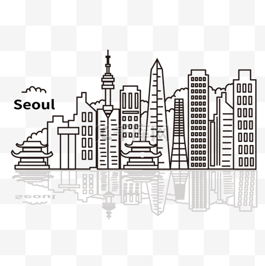 韩国首尔城市天际线线条建筑物倒影图片