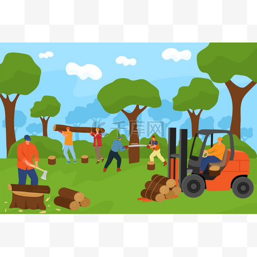 森林里的伐木工群，病媒图解。人物性格砍树,漫画木料,木料木料.伐木工人图片
