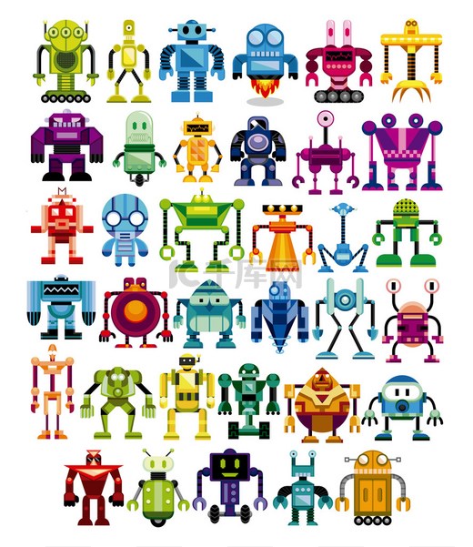 系列的不同的卡通机器人孤立图片