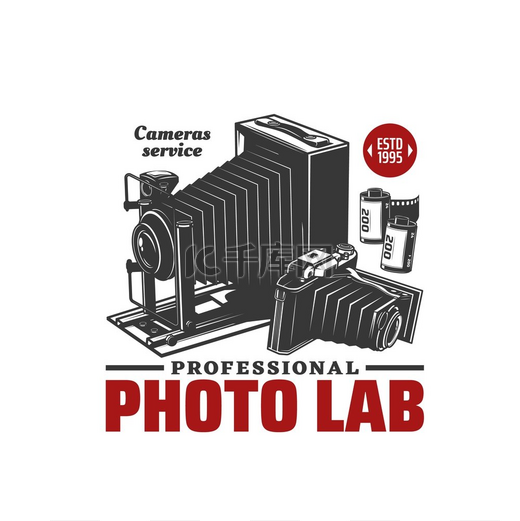 照片实验室图标或摄影工作室标志与复古相机，矢量。图片