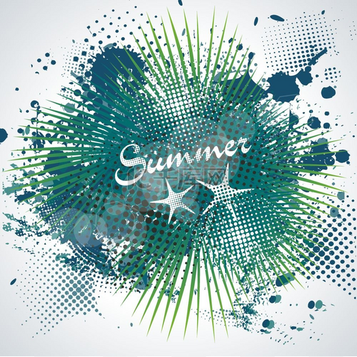 抽象印迹上的夏令符号斑点背景棕榈枝上的墨水滴水色休闲设计的插图纹理图片
