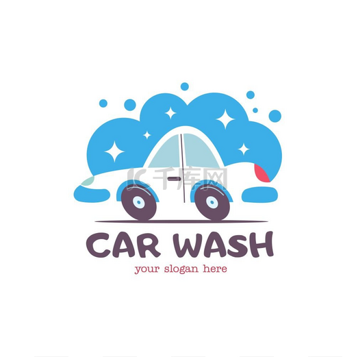 洗车标志卡通风格的矢量插图小客车在泡沫和水滴的泡沫中清洗图片