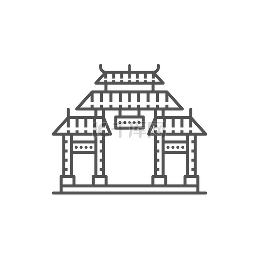 带有屋顶隔离的中国韩国或日本大门轮廓图标的入口矢量复古的亚洲建筑古老的东方寺庙入口设计唐人街门亭子采用线条艺术设计中式大门带东方风格屋顶的入口图片
