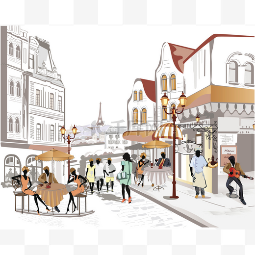 系列的咖啡馆在旧城的街道图片