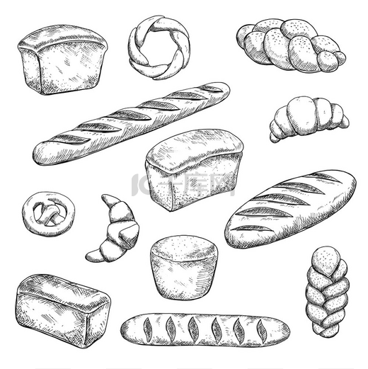 面包店和糕点草图，上面刻着程式化的香喷喷的新鲜出炉的法式面包、健康的黑麦和美味的小麦面包、巧克力馅的羊角面包、软椒盐卷饼和编织面包。图片
