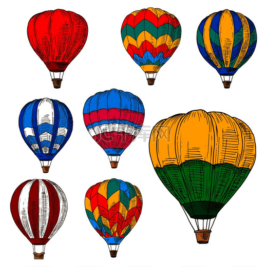 复古素描飞行的热气球与柳条篮和彩色信封，由条纹几何装饰品装饰。图片