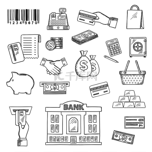 商业、金融和零售主题设计的货币、银行服务和购物素描符号，包括美元钞票和硬币、存钱罐、信用卡、atm、钱袋、计算器、保险箱、金条、握手、银行、购物篮和包，图片