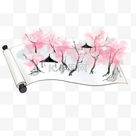 中式卷轴挂画水墨桃花图片