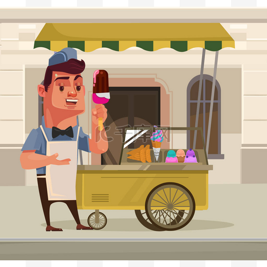 快乐微笑冰淇淋卖方字符吉祥物站附近冰淇淋车。矢量平面卡通插画图片