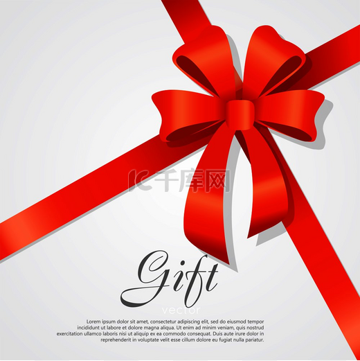 礼物红色宽丝带明亮的蝴蝶结有两个花瓣白色背景的礼品卡矢量插图带红丝带的豪华宽礼品蝴蝶结和用于文字的空格框用于横幅的礼品包装模板海报设计简单的卡通风格平面设计图片