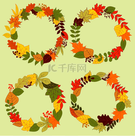 森林叶花环和框架与秋天的落叶和灌木树枝，装饰着红色和橙色的种子束。图片