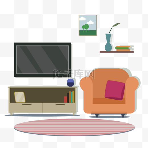 客厅电视机地毯扁平风插画图片