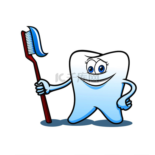 微笑健康的白牙卡通人物手里拿着带牙膏的牙刷。图片