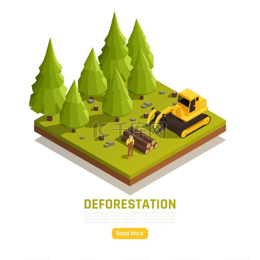 自然资源木材转换林地为农场等距构图与森林砍伐树木移除过程矢量图解图片