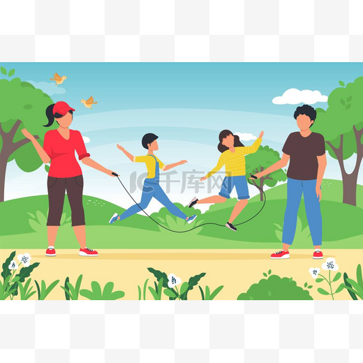 与孩子一起玩家庭夏季活动游戏。快乐活泼的孩子跳过跳绳，由父母牵着。家庭暑期在户外与孩子们玩耍.图片