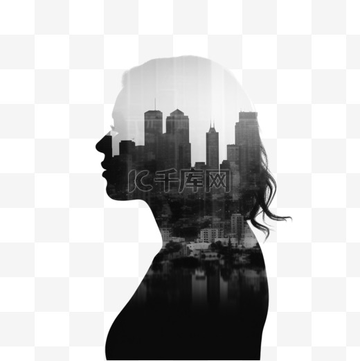 双重曝光女性人物城市剪影黑白图片