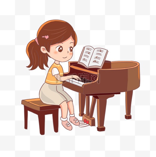 手绘卡通儿童女孩弹钢琴免抠元素图片