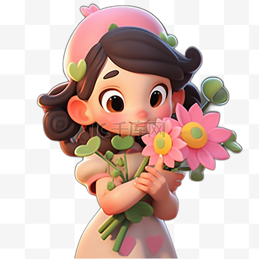 捧着花朵3D卡通粉色可爱女孩形象图片