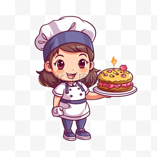 可爱的厨师女孩穿着制服，手持蛋糕餐厅标志，卡通艺术插图图片