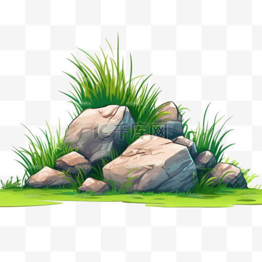 岩石上长满了草，石头和青草。大自然岩石，户外插图，环境植物载体。矢量岩和矢量石图片