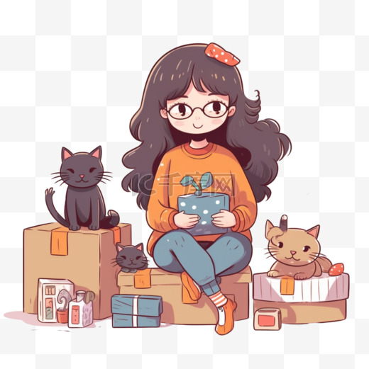 可爱的女孩带着猫把货物装进盒子里卡通人物手绘艺术插图图片