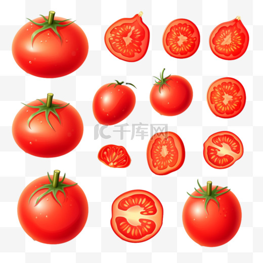 一套五颜六色的切好的红色西红柿。卡通插图图片