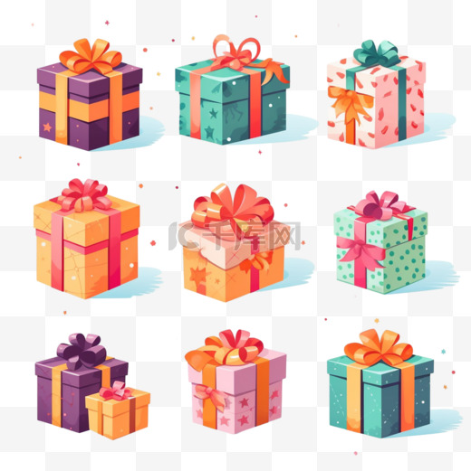 礼品盒准备好了。圣诞或生日礼物用五颜六色的包装纸、丝带和蝴蝶结隔绝贺卡元素。假日或惊喜派对概念的平面矢量插图图片