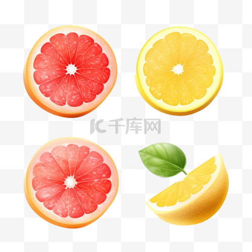 柑橘水果的一半和四分之一楔形4个现实的图标与橙色葡萄柚柠檬隔离正方形图片