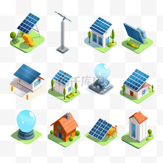 带太阳能电池板的生态家园和温室的太阳能颜色集计数器控制器电动汽车隔离图标矢量插图图片
