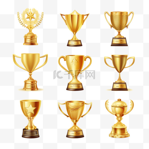 精美的金质奖杯和形态各异的奖品隔绝设置图片