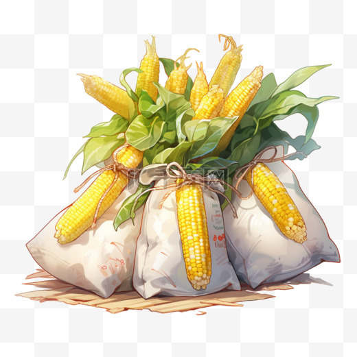 丰收的金黄色玉米的袋子中的玉米卡通手绘图片