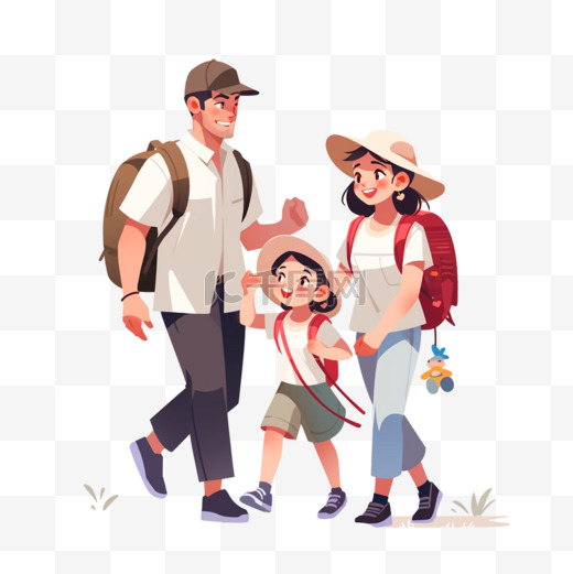 插画风格旅游度假人物三口之家图片