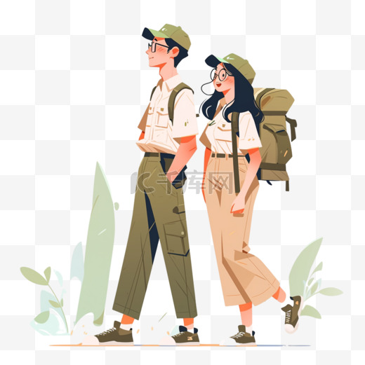 扁平插画风格旅游度假人物野外散步情侣图片