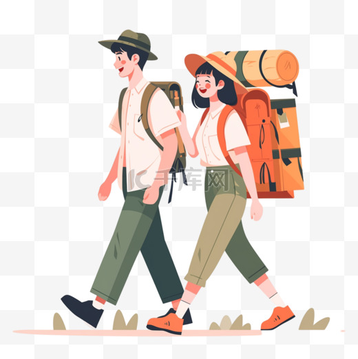 扁平插画风格旅游度假人物野外徒步旅行的青图片