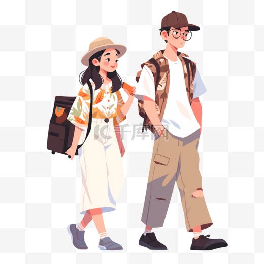 扁平插画风格旅游度假人物徒步情侣图片