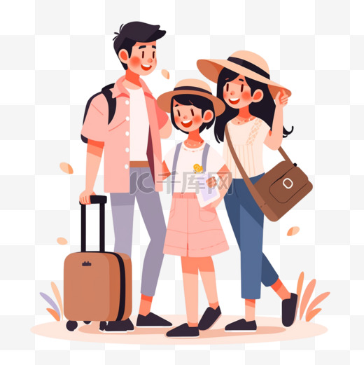 扁平插画风格旅游度假人物幸福一家人度假图片