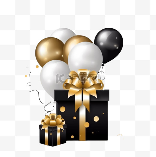 生日快乐黑白金色礼盒和气球庆祝装饰图片
