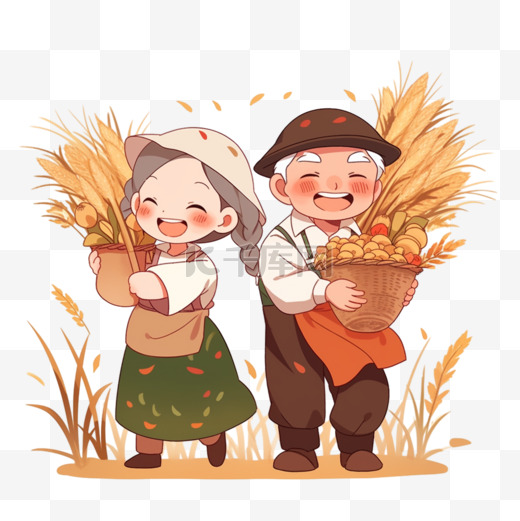 农民夫妇开心的拿着丰收的粮食卡通手绘图片