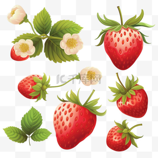 成熟草莓与叶子和开花矢量集图片