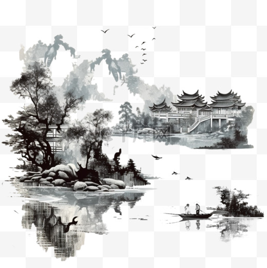 一幅中国水墨山水画在古董纸上的矢量插图，设计精美。图片