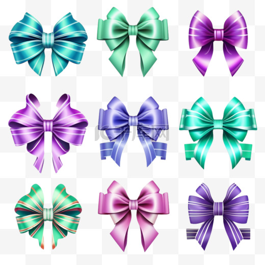 蝴蝶结和卷曲的丝带。节日元素用于包装礼品盒、生日礼物或邀请卡设计，白色背景上分离出绿色、蓝色、粉色和紫色条纹。逼真的3D集图片