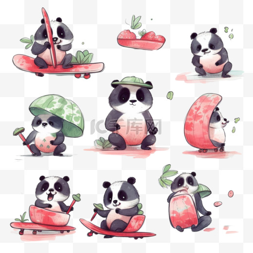 一组有趣的手绘熊猫宝宝在冥想惊喜地吃西瓜滑板图片