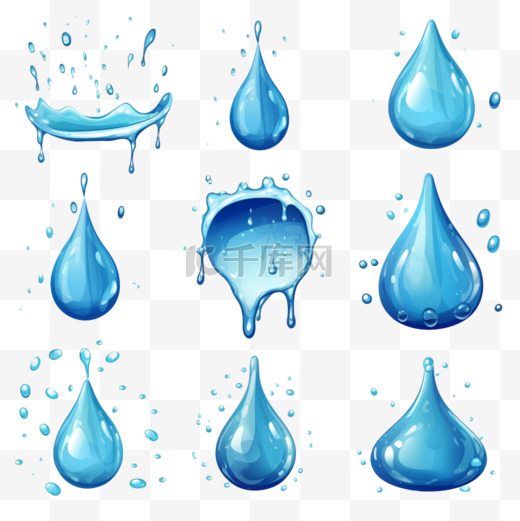 卡通蓝色的水滴、水花、水花和泪水。液体流动、波浪、溪流和水坑。自然水运动形状向量集。雨滴、液体飞溅的图解图片