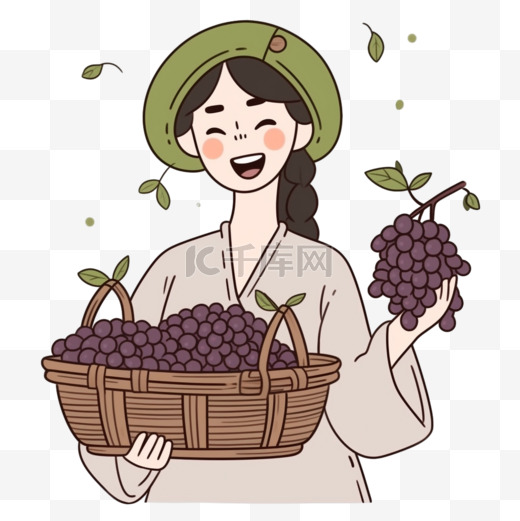 卡通元素秋天女人一筐丰收的葡萄手绘图片