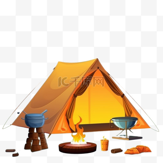 露营地卡通构图与黄色帐篷灯锅与晚餐在火夜空图片